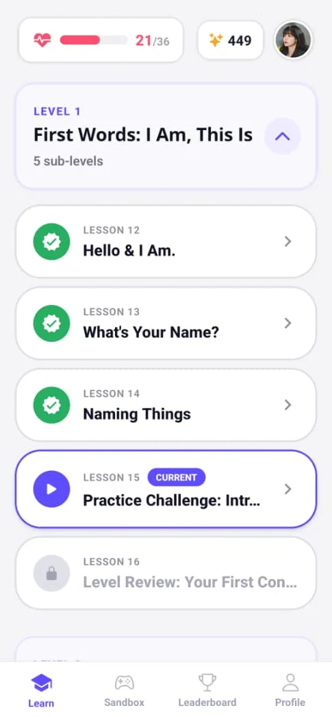 The KPulse Speak lesson list, showing completed lessons, the current lesson and the next one still locked.
