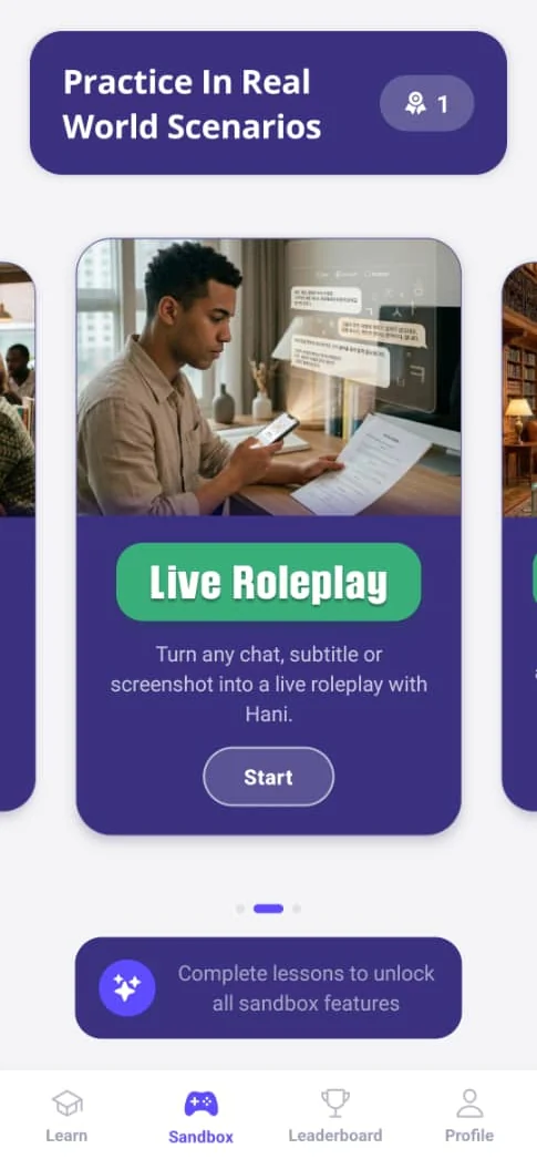 The Live Roleplay card, which turns any chat, subtitle or screenshot into a live roleplay with Hani.