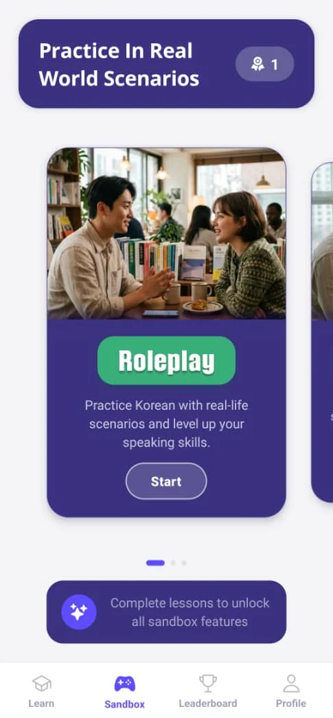 The Sandbox tab showing the Roleplay card, for practising Korean with real-life scenarios.